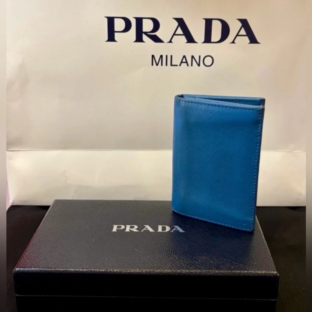 PRADA COBALT BLUE Vertical Saffiano Leather Cardholder w/Box and Cards.